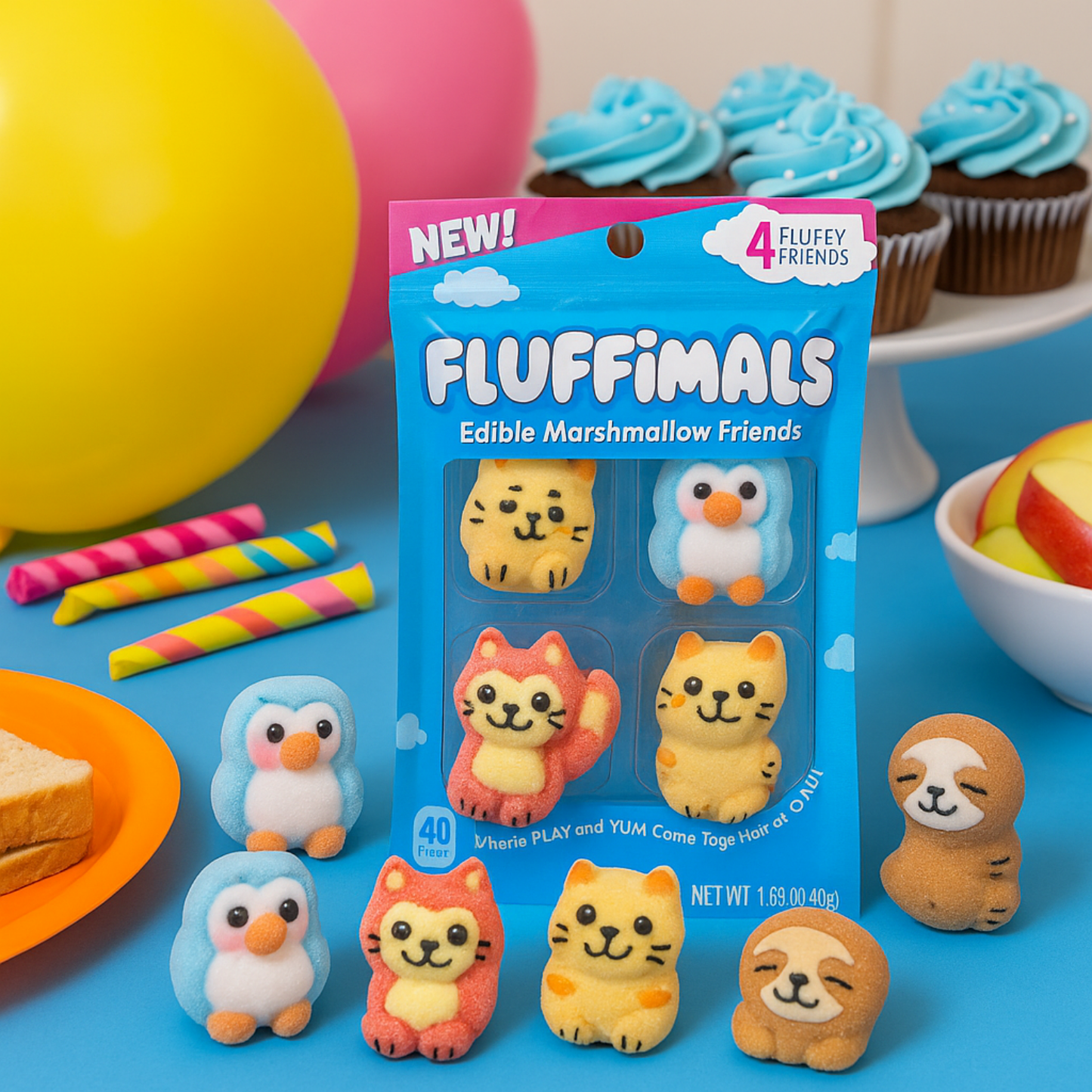 Fluffimals 4 Pcs Each Pack Edible Marshmallow Friends | Colorful 3D Animal-Shaped Candy Treats with Unique Flavors | Fun Character Snacks for Kids | Novelty Gift Set & Collectible Sweet Marshmallow Bites