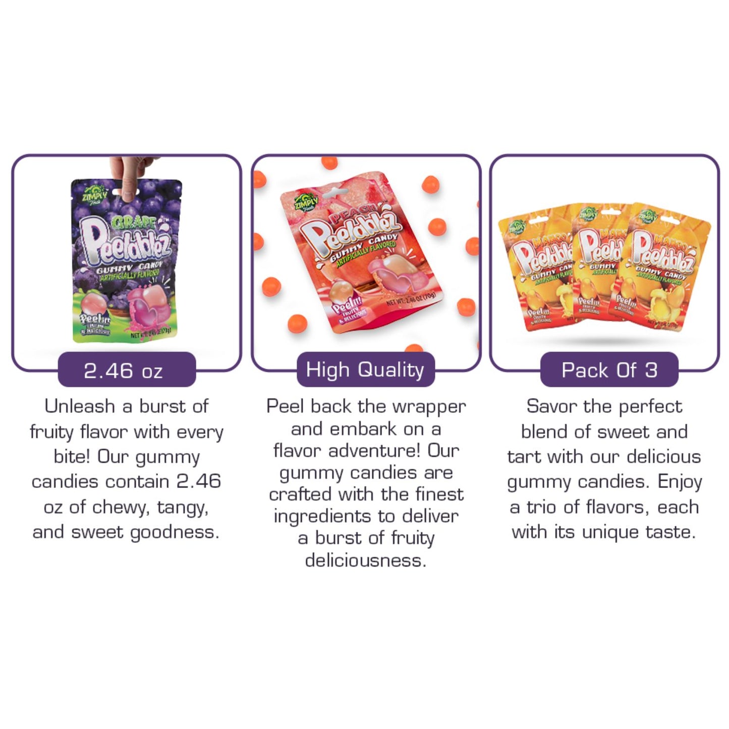3 Pack Peelable Grape Gummies - 2.46 Oz Ea - 4D Peeling Gummy Candy Fruity Snack
