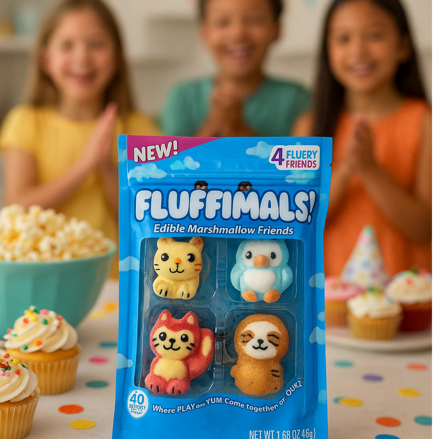 Fluffimals 4 Pcs Each Pack Edible Marshmallow Friends | Colorful 3D Animal-Shaped Candy Treats with Unique Flavors | Fun Character Snacks for Kids | Novelty Gift Set & Collectible Sweet Marshmallow Bites