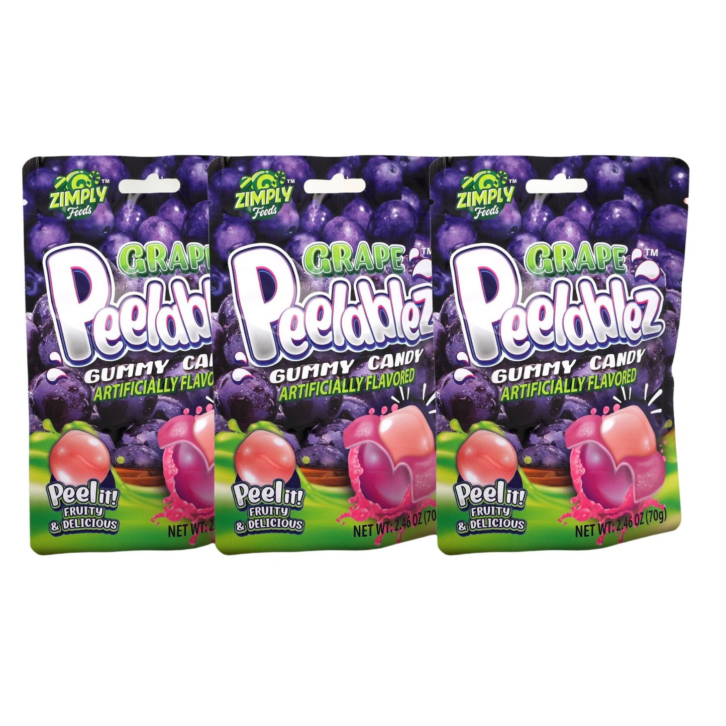 3 Pack Peelable Grape Gummies - 2.46 Oz Ea - 4D Peeling Gummy Candy Fruity Snack