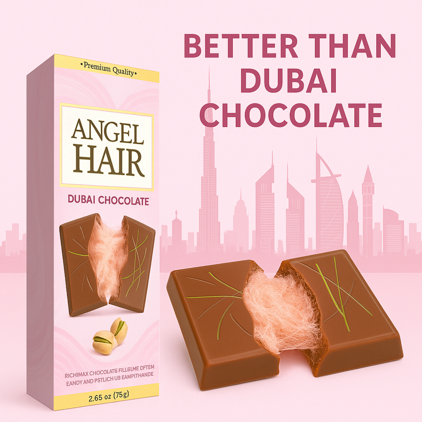 2 Pack 2.65 Oz Angel Hair Pink Chocolate Bars  🍫 Viral Pink Milk Chocolate with Cotton Candy & Pistachio Cream ✨ Trending Gourmet Snack Gift