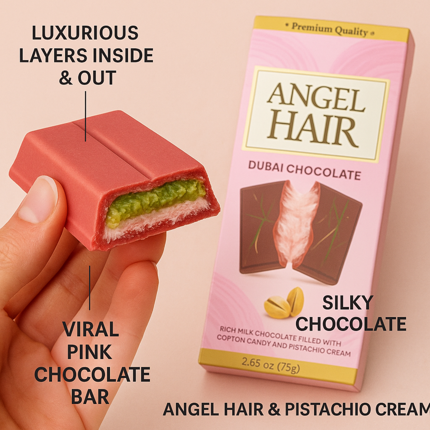 2 Pack 2.65 Oz Angel Hair Pink Chocolate Bars  🍫 Viral Pink Milk Chocolate with Cotton Candy & Pistachio Cream ✨ Trending Gourmet Snack Gift
