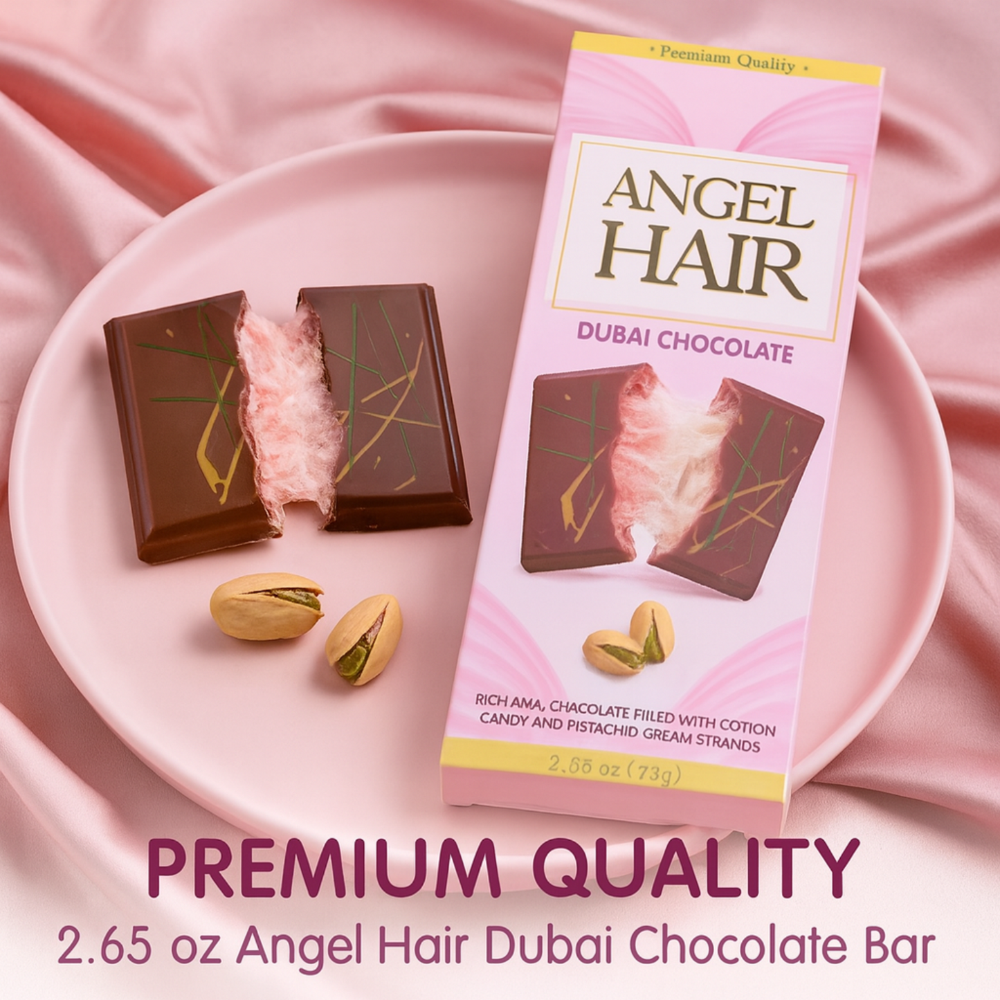 2 Pack 2.65 Oz Angel Hair Pink Chocolate Bars  🍫 Viral Pink Milk Chocolate with Cotton Candy & Pistachio Cream ✨ Trending Gourmet Snack Gift