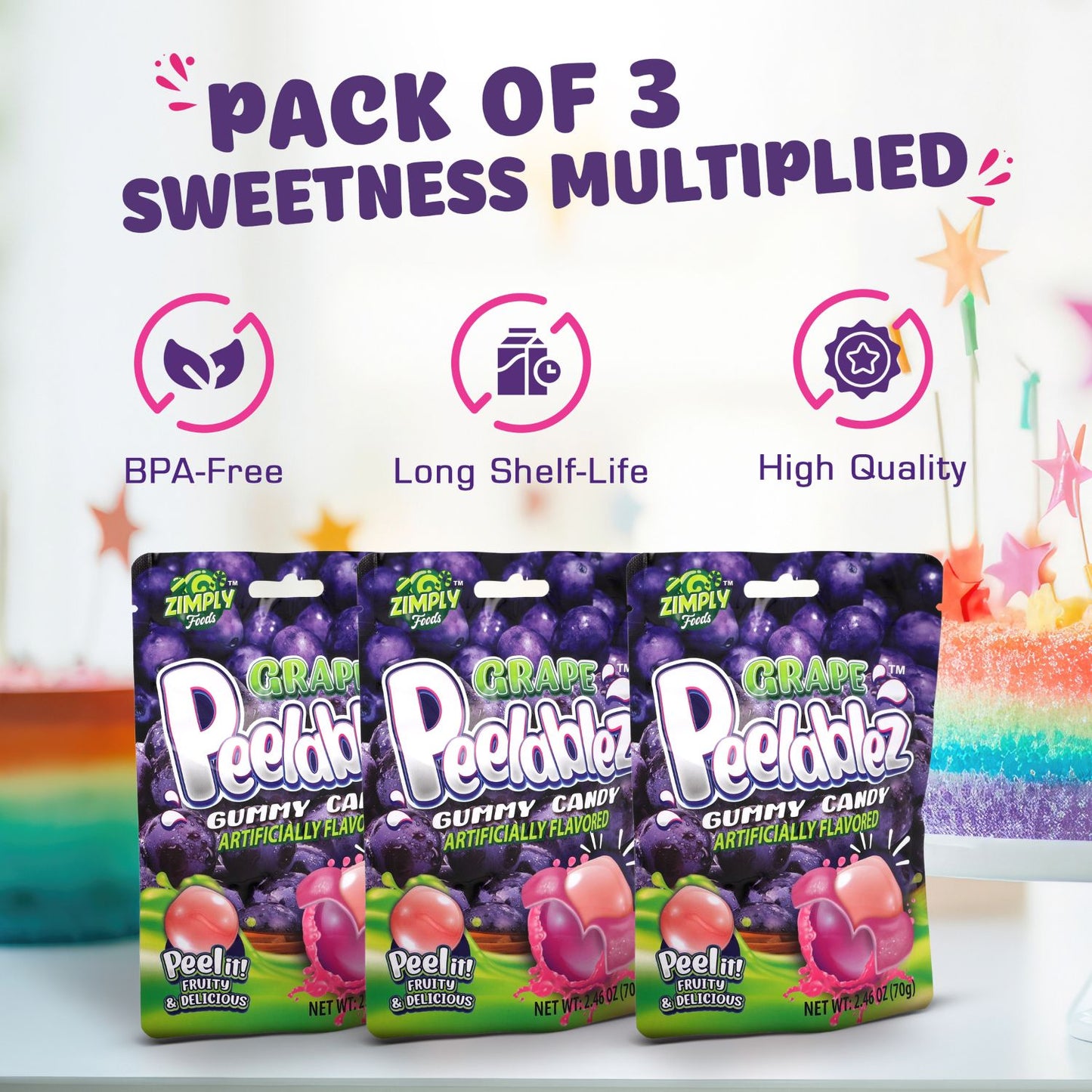 3 Pack Peelable Grape Gummies - 2.46 Oz Ea - 4D Peeling Gummy Candy Fruity Snack