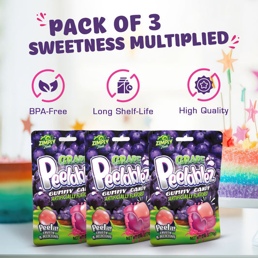 3 Pack Peelable Grape Gummies - 2.46 Oz Ea - 4D Peeling Gummy Candy Fruity Snack