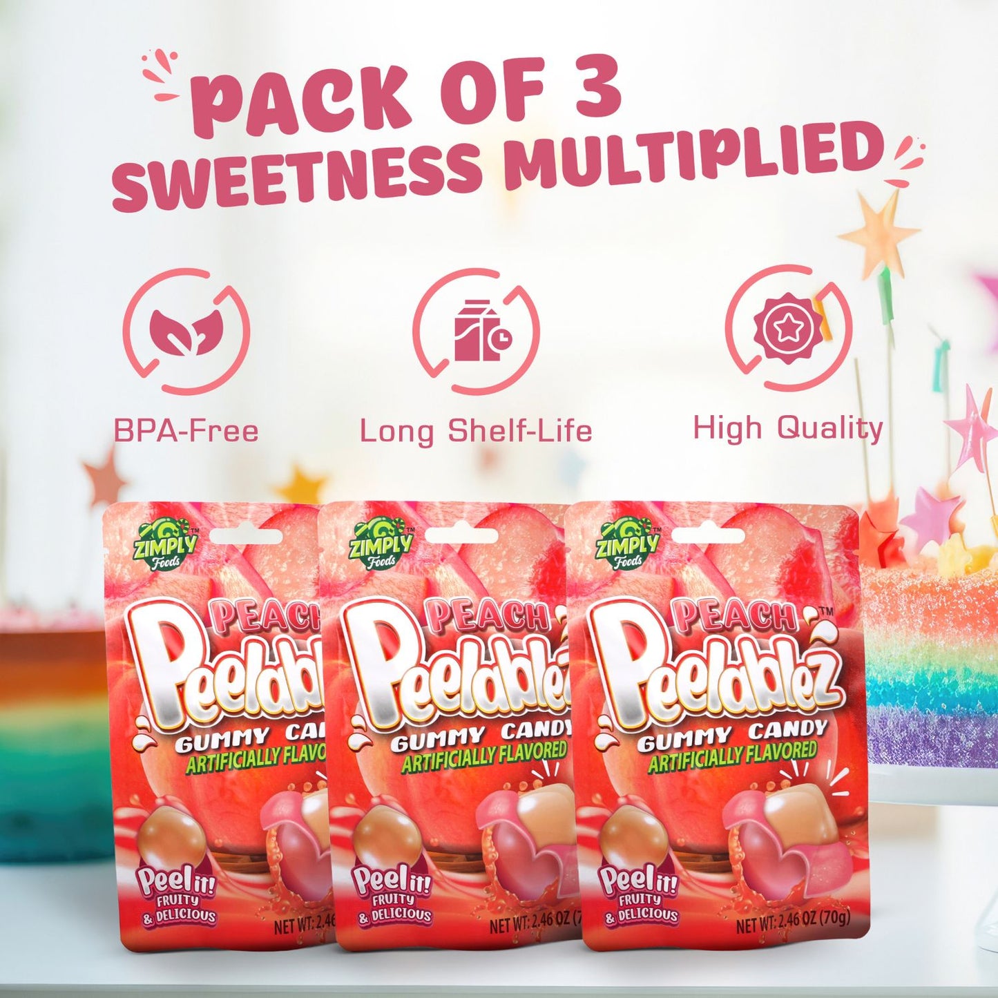 3 Pack Peelable Peach Gummies - 2.46 Oz Ea - 4D Peeling Gummy Candy Fruity Snack