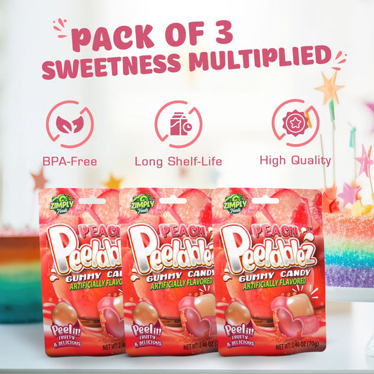 3 Pack Peelable Peach Gummies - 2.46 Oz Ea - 4D Peeling Gummy Candy Fruity Snack