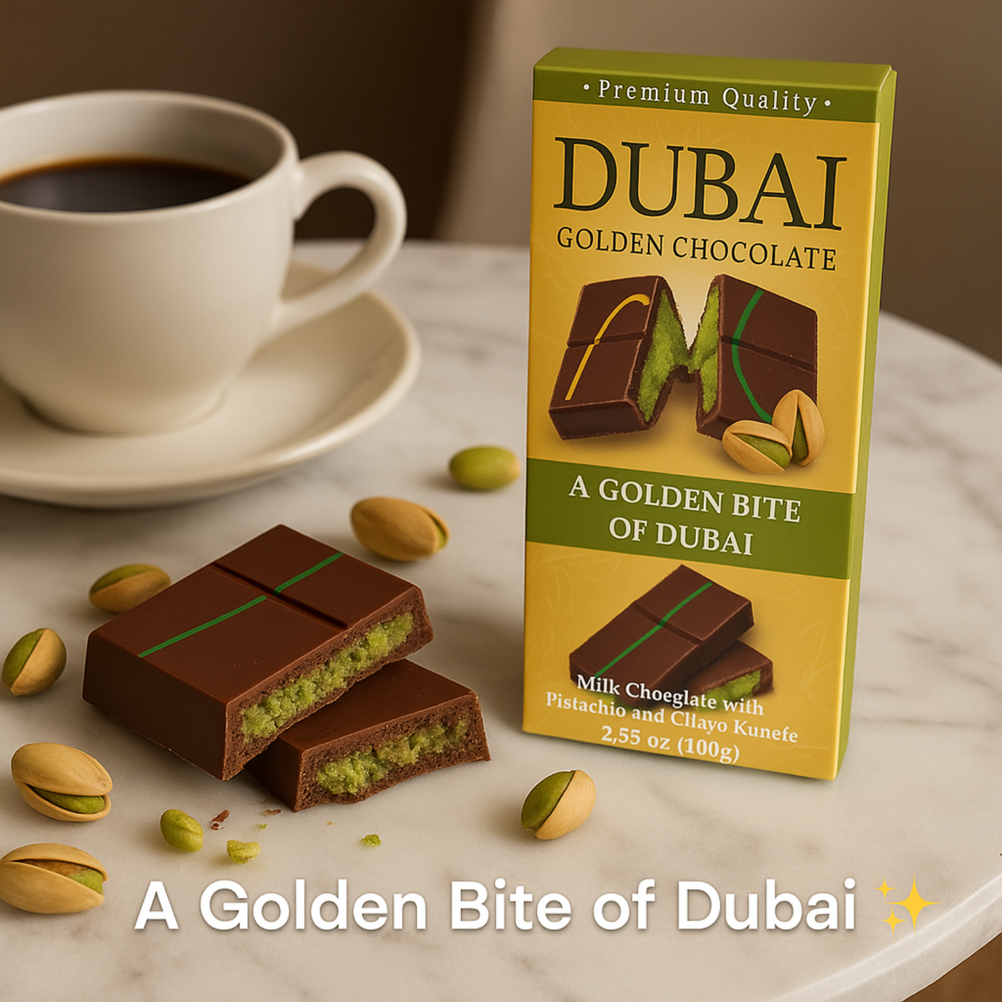 Dubai Chocolate Bars 2 Pack – Premium Milk Chocolate with Pistachio & Kunefe Filling | Luxury Exotic Treats | Golden Bite of Dubai