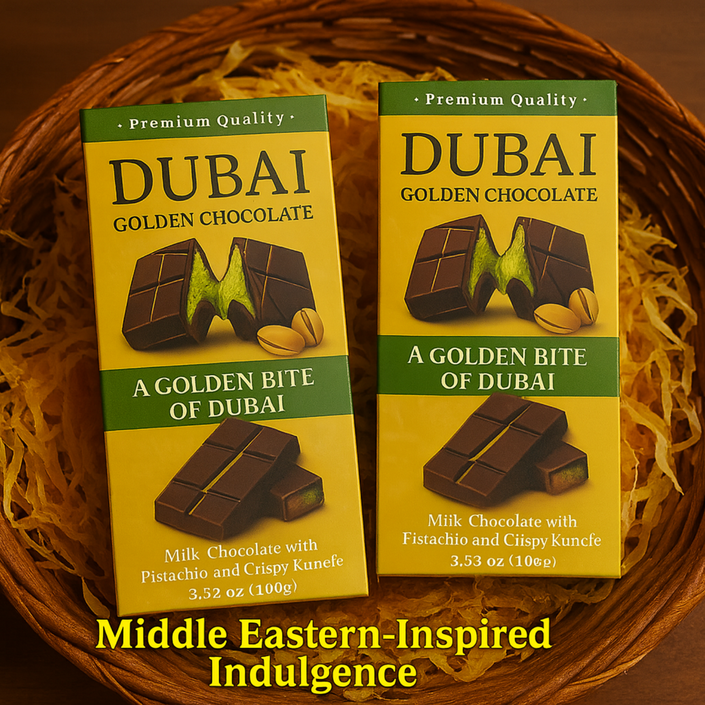 Dubai Chocolate Bars 2 Pack – Premium Milk Chocolate with Pistachio & Kunefe Filling | Luxury Exotic Treats | Golden Bite of Dubai