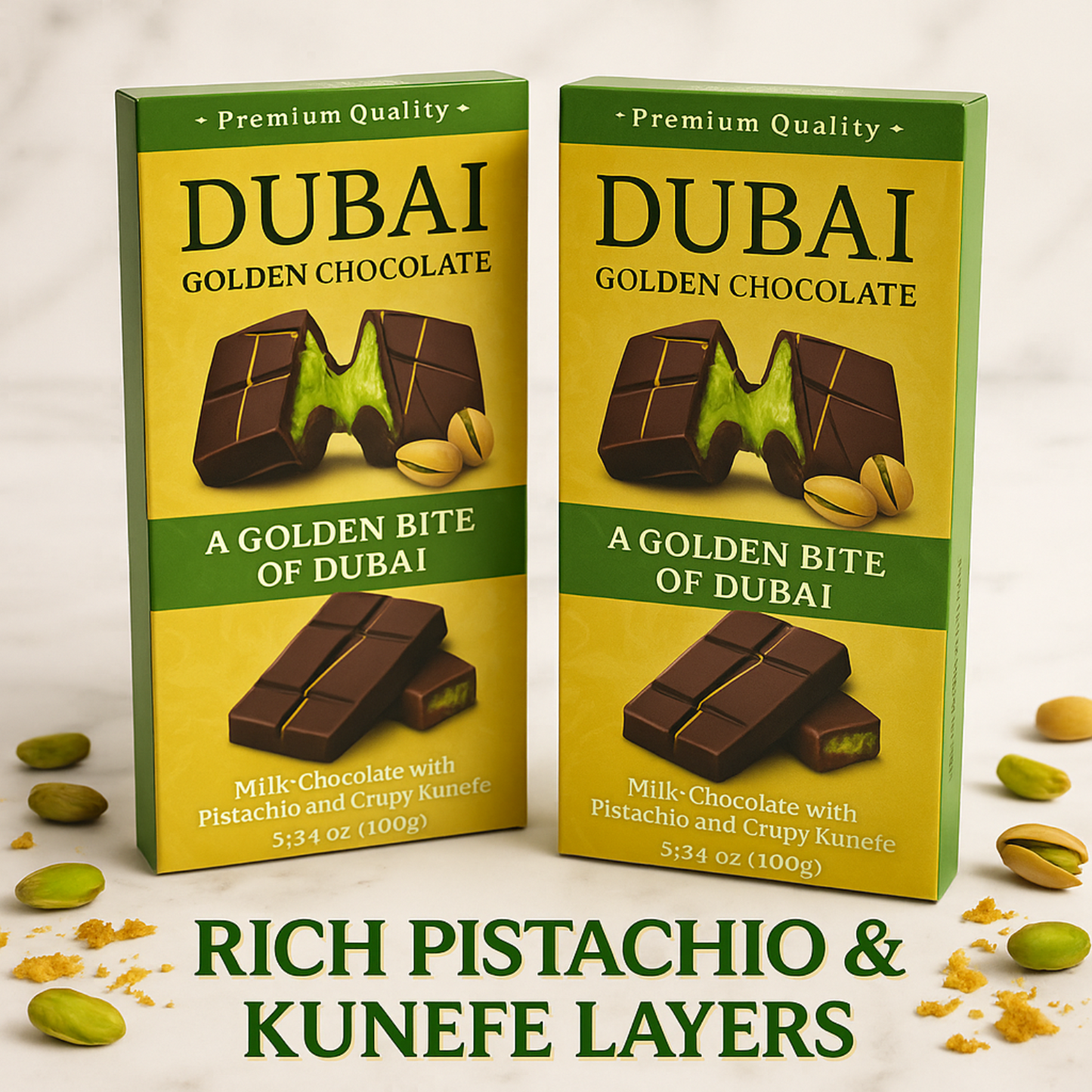 Dubai Chocolate Bars 2 Pack – Premium Milk Chocolate with Pistachio & Kunefe Filling | Luxury Exotic Treats | Golden Bite of Dubai