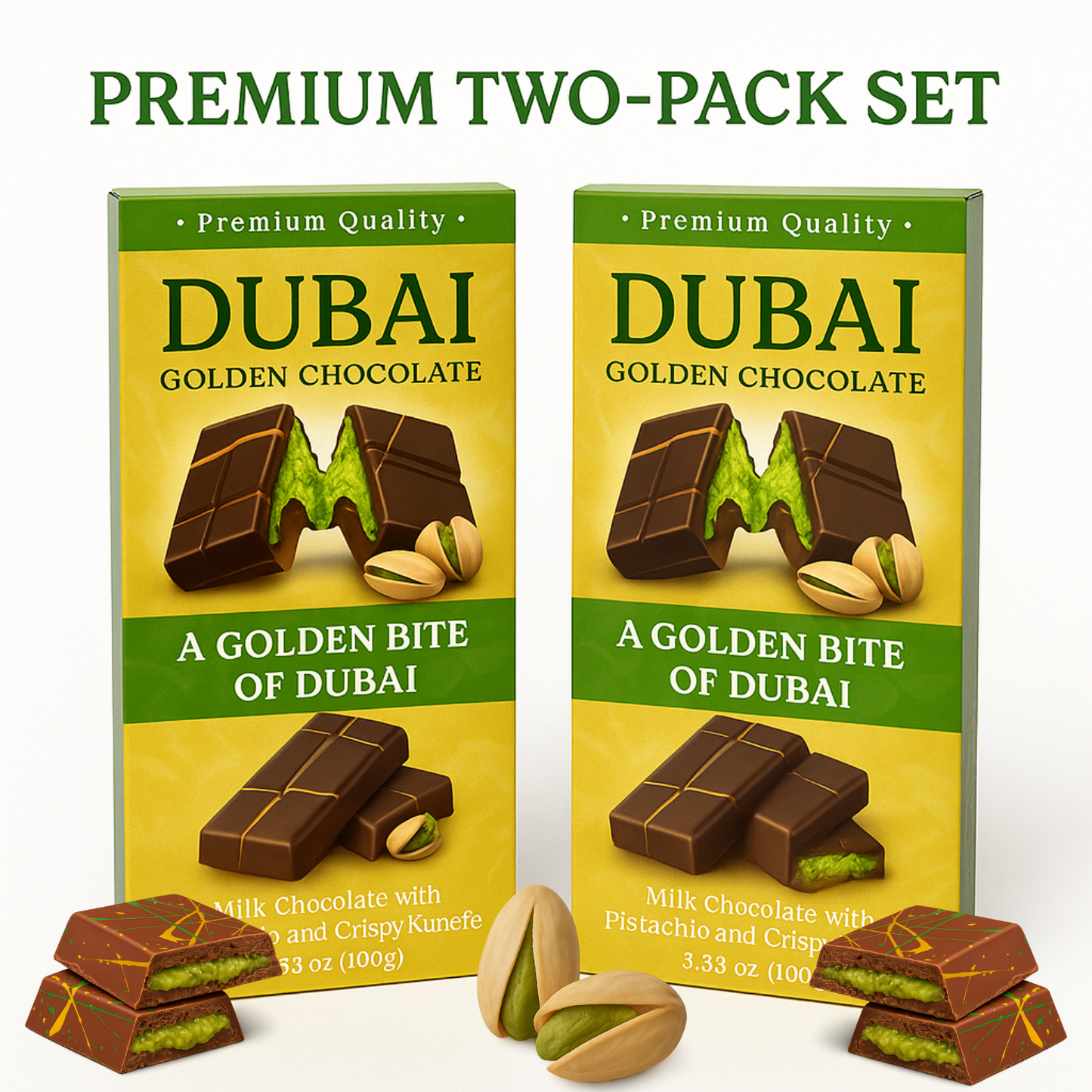 Dubai Chocolate Bars 2 Pack – Premium Milk Chocolate with Pistachio & Kunefe Filling | Luxury Exotic Treats | Golden Bite of Dubai