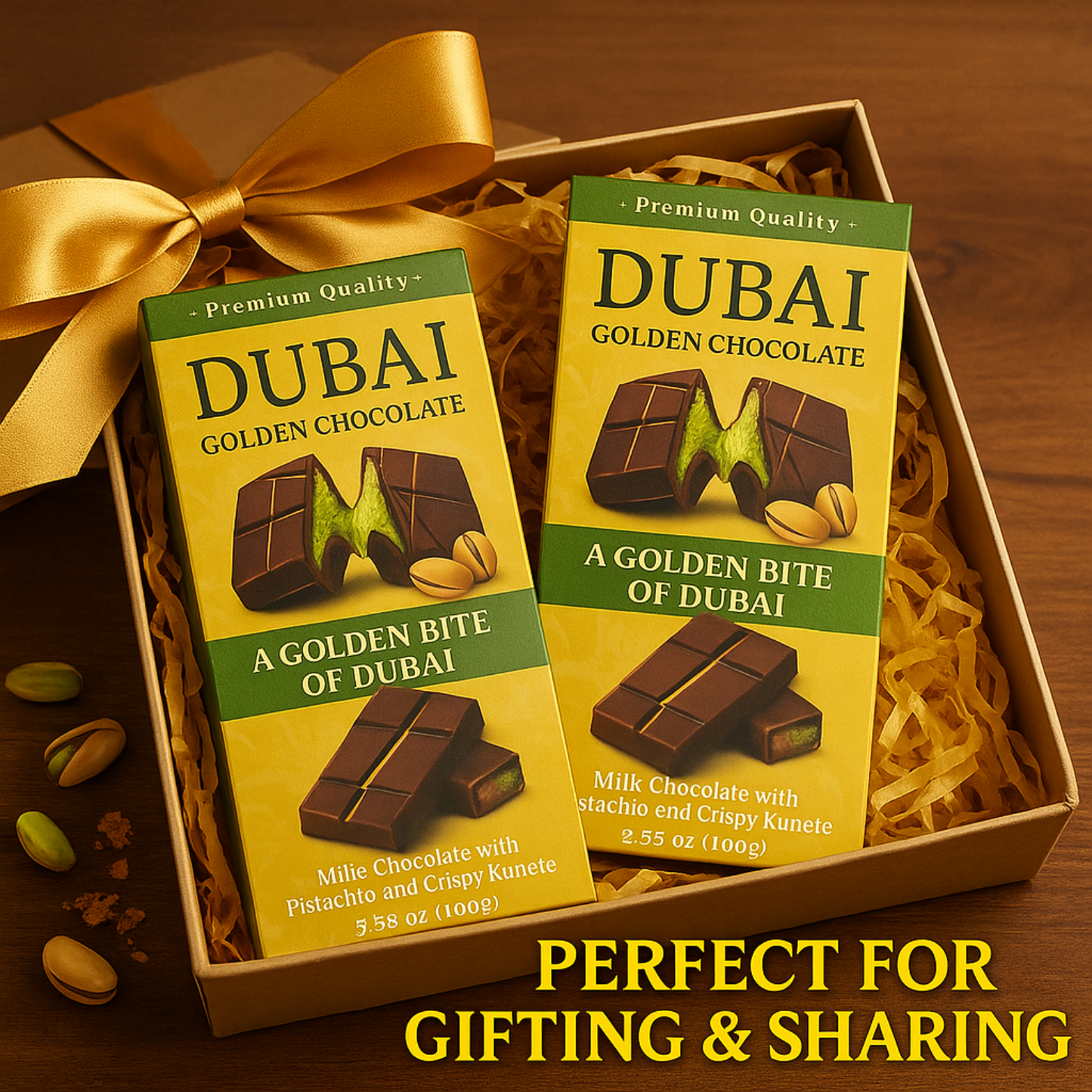 Dubai Chocolate Bars 2 Pack – Premium Milk Chocolate with Pistachio & Kunefe Filling | Luxury Exotic Treats | Golden Bite of Dubai
