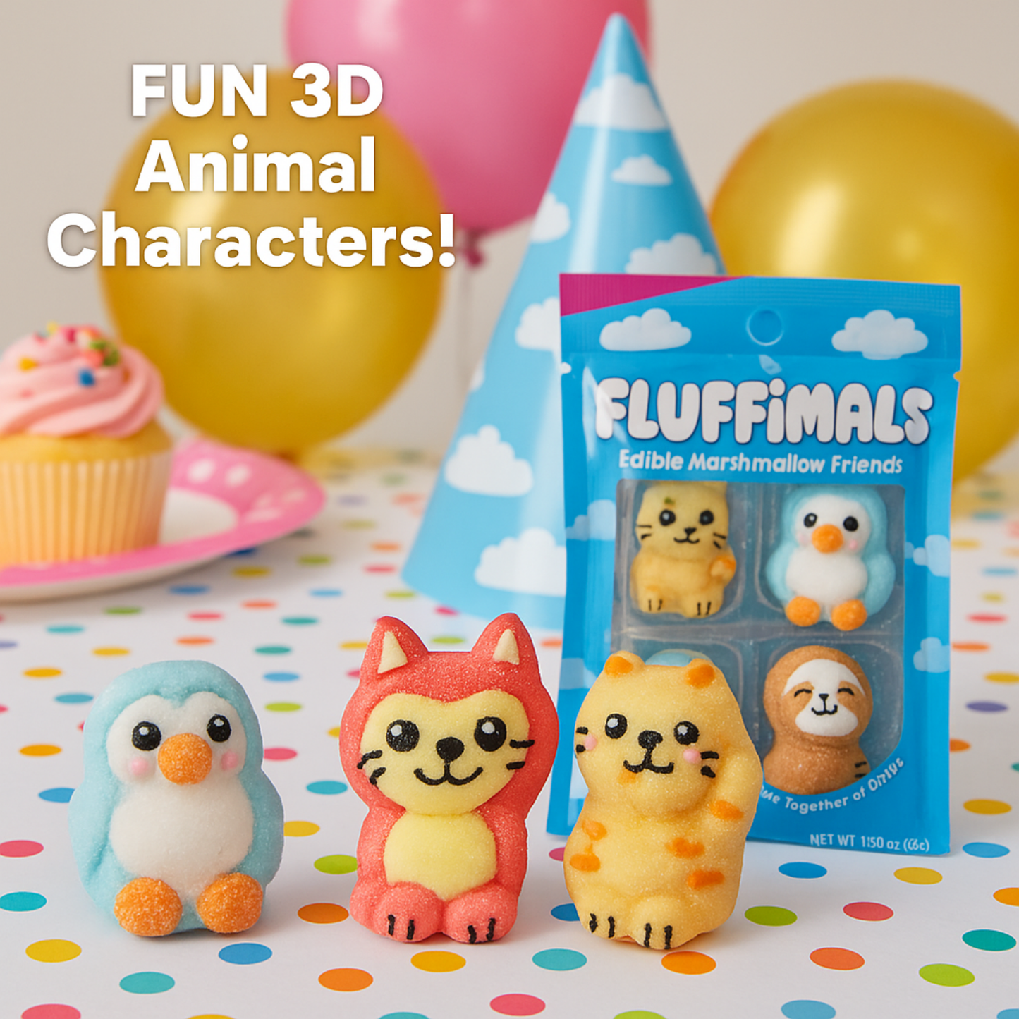 Fluffimals 4 Pcs Each Pack Edible Marshmallow Friends | Colorful 3D Animal-Shaped Candy Treats with Unique Flavors | Fun Character Snacks for Kids | Novelty Gift Set & Collectible Sweet Marshmallow Bites