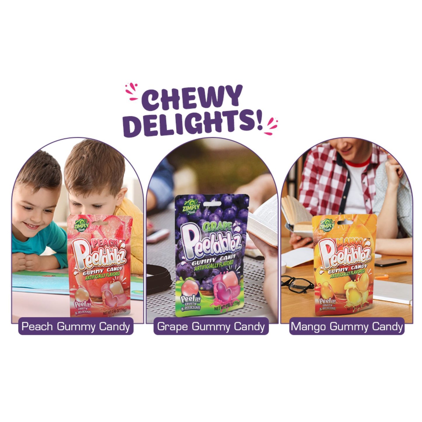 3 Pack Peelable Grape Gummies - 2.46 Oz Ea - 4D Peeling Gummy Candy Fruity Snack