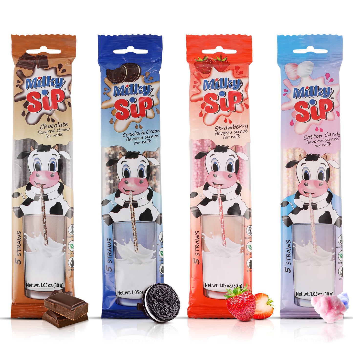 Milk Flavoring Straws 4 Packs 5 Ea Chocolate, Strawberry, Cookies & Cream, Cotton Candy
