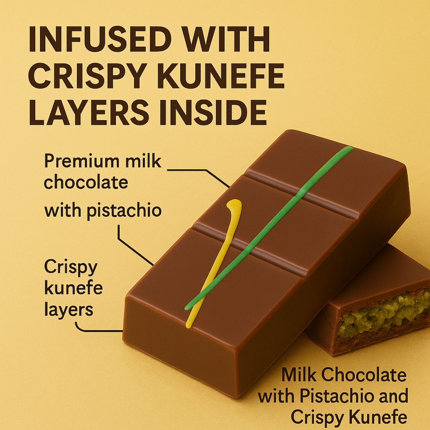 Dubai Chocolate Bars 2 Pack – Premium Milk Chocolate with Pistachio & Kunefe Filling | Luxury Exotic Treats | Golden Bite of Dubai