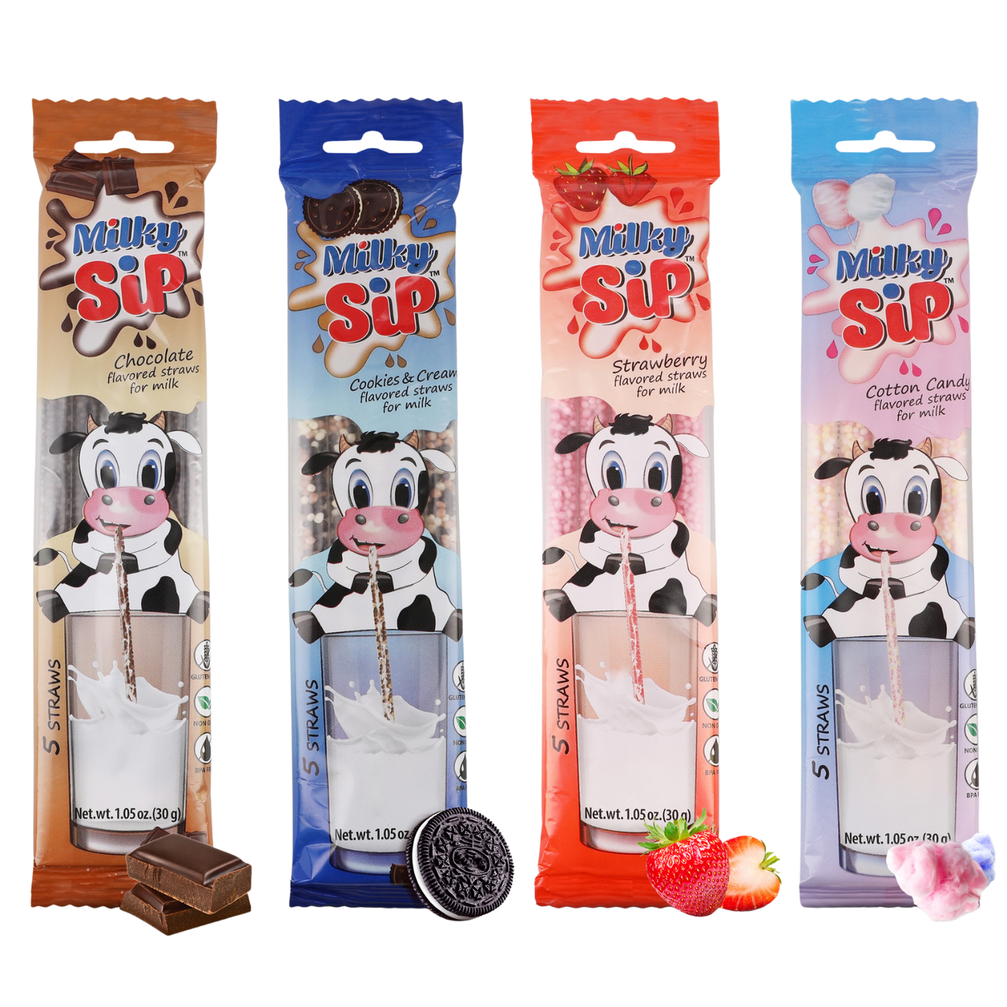 Milk Flavoring Straws 4 Packs 5 Ea Chocolate, Strawberry, Cookies & Cream, Cotton Candy
